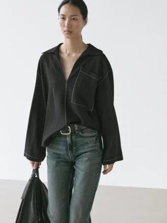 Flödande overshirt i ullblandning med fickdetaljer