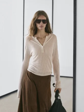 Henley-tröja i ullblandning med cutwork