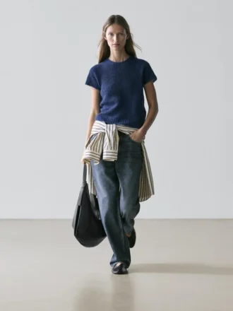 Kortärmad stickad tröja i alpackablandning