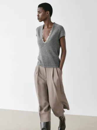 Kortärmad stickad tröja med spets