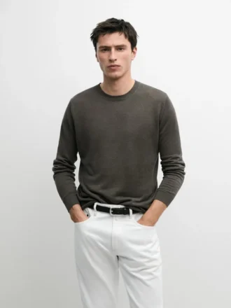 Linne-stickad tröja med rund hals