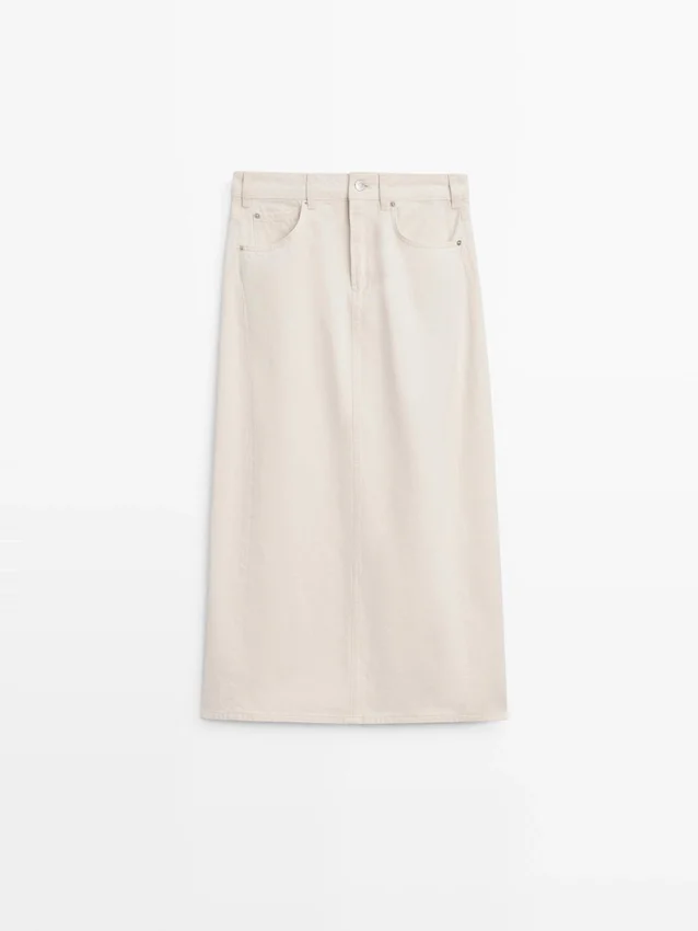 Midi-kjol i denim med tunn passform Midi-kjol i denim med tunn passform