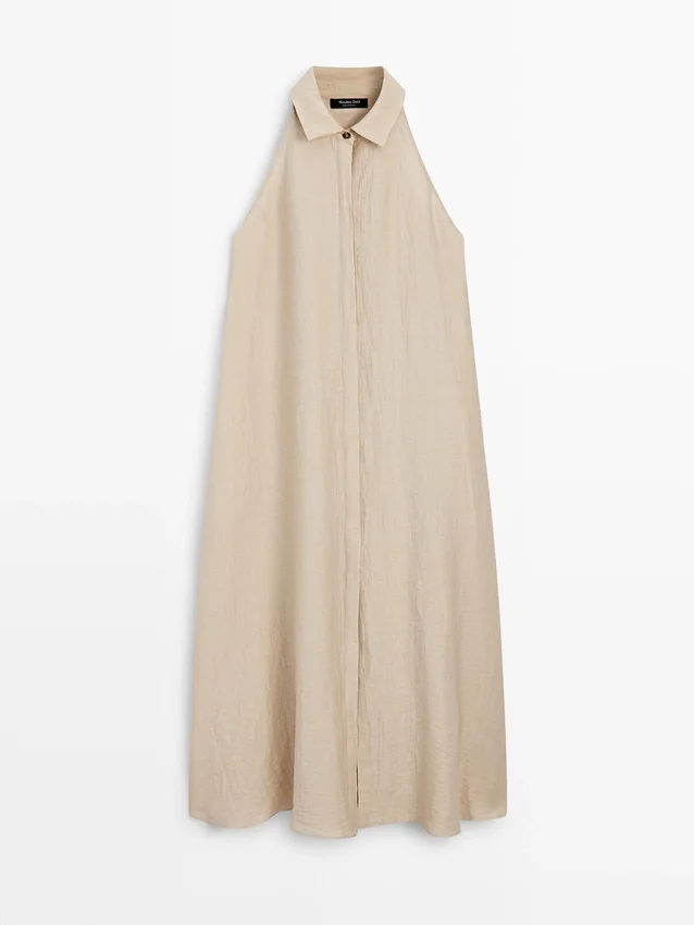 Midiklänning i linneblandning med pikétröjkrage Midiklänning i linneblandning med pikétröjkrage