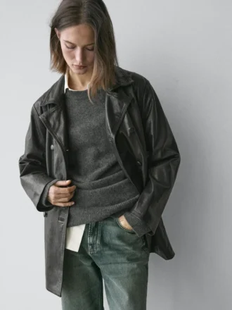 Nappaläderjacka med bältesdetalj