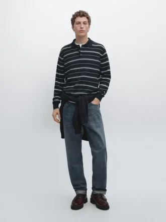 Pikétröja i bomullsblandning med randigt mönster