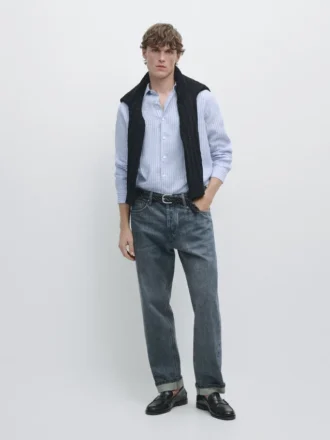 Randig linneskjorta i normal passform