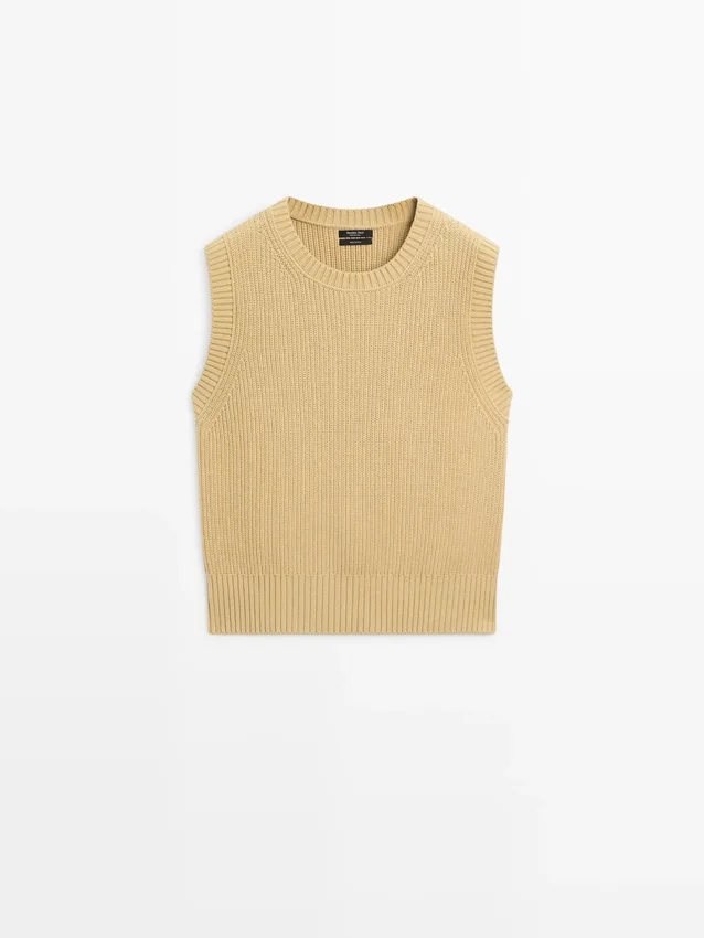 Väst i bomullstriké med rund hals Väst i bomullstriké med rund hals